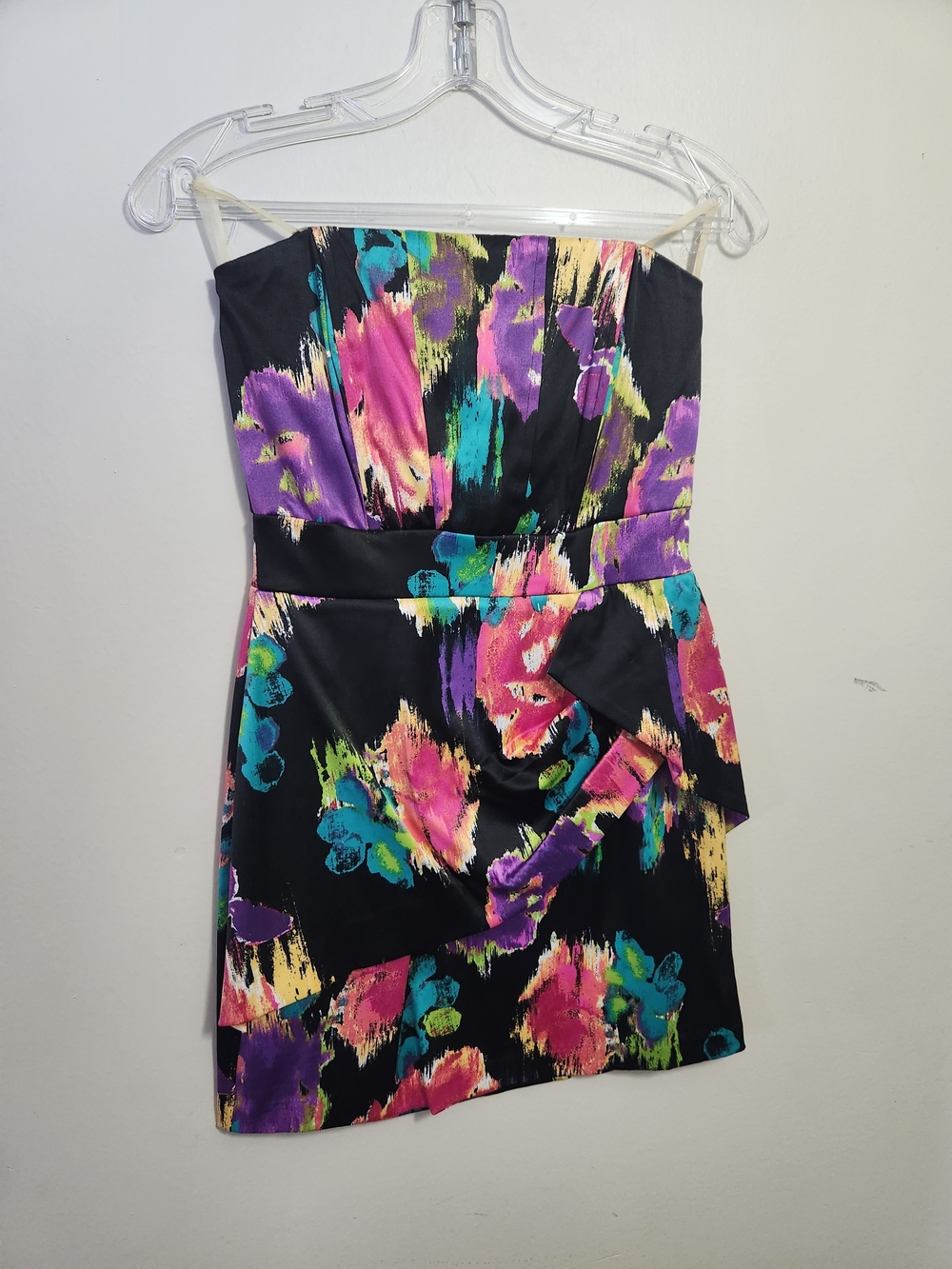 Strapless Black Floral Brushstroke Cocktail Dress